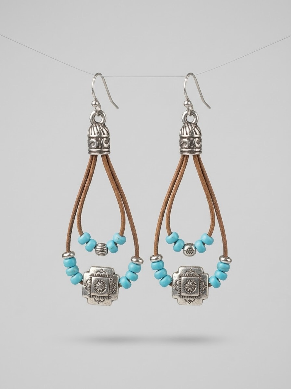 NWOT Boho Turquoise & Silver Leather Drop Earrings | Southwestern Style